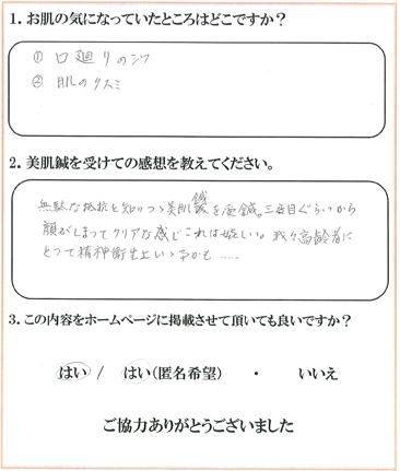 患者様の声 お悩みの症状：口廻りのシワ、肌のクスミ　顔がしまってクリアな感じになりました。