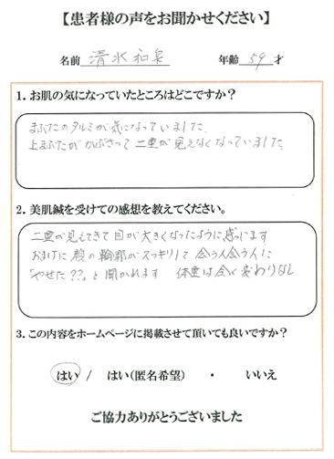 患者様の声 上まぶたがかぶさって二重が見えなくなっていましたが、二重が見えてきて目が大きくなったように感じます。