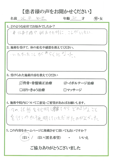 患者様の声 お悩みの症状：腰痛　施術を受けて痛かった腰が楽になりました。