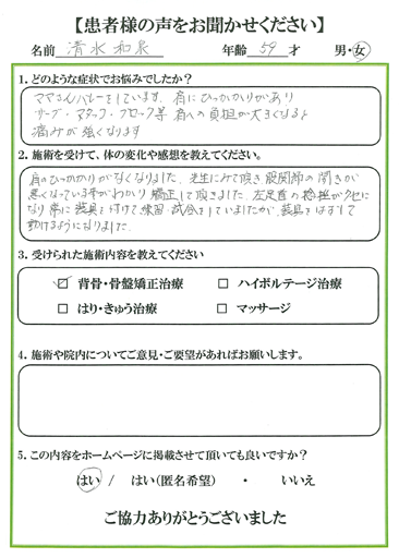 患者様の声 お悩みの症状：肩のひっかかり　ママさんバレーのサーブ・アタック・ブロック時の肩のひっかかりがなくなりました。