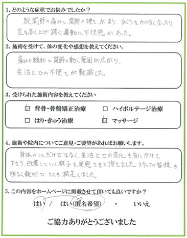 患者様の声 お悩みの症状：肩のひっかかり　ママさんバレーのサーブ・アタック・ブロック時の肩のひっかかりがなくなりました。