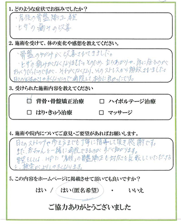 患者様の声 骨盤のゆがみが改善されてきた。 患者様の声 お悩みの症状:産後の骨盤矯正希望ヒザの痛みの改善