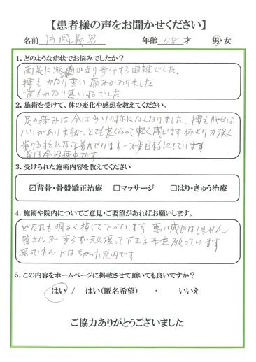 患者様の声 お悩みの症状：両足の激痛、腰痛、首痛　施術を受けて足の痛みはなくなり、腰もとても良くなりました。