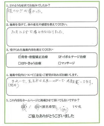 患者様の声 お悩みの症状：首の痛み、頭痛　回数を重ねる毎に身体の調子が整ってきました。